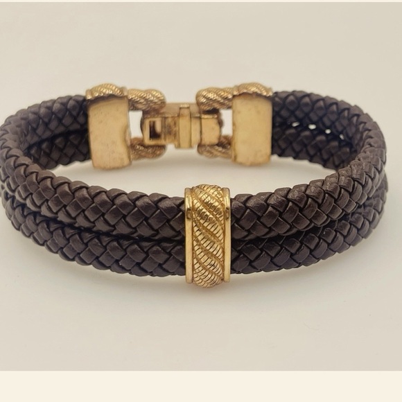 Judith Ripka Bracelet w/ Gold Accents and Brown Leather Double Braided Band ✨ - Picture 2 of 3